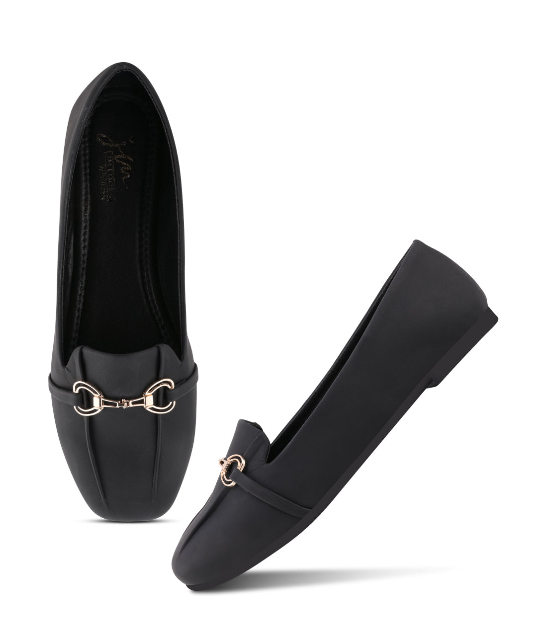 Black Women Square Toe Ballet Flats with Metallic Horsebit