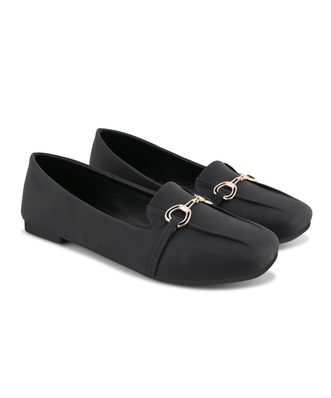 Black Women Square Toe Ballet Flats with Metallic Horsebit