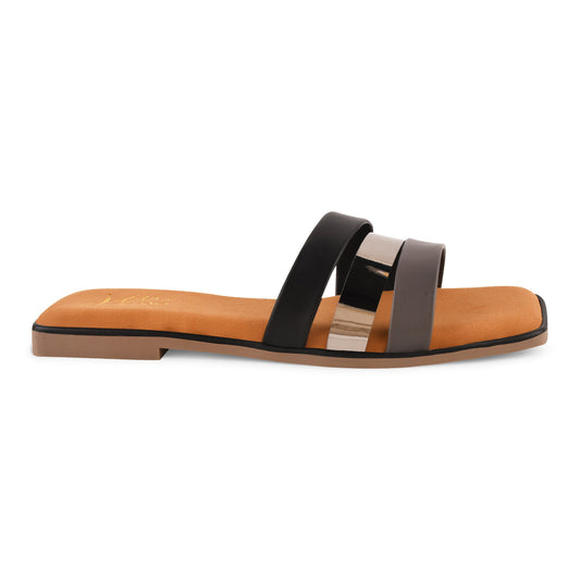 Flat slide sandals women black grey metallic triple straps square open toe tan cushioned suede footbed