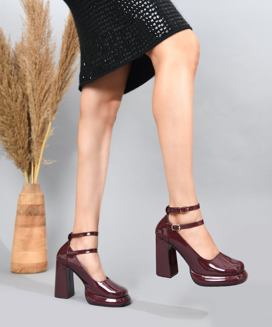 Cherry Double Strap Platform Chunky Block Heel Pumps for Women