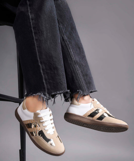 JM Looks Women's Beige Sneakers | Trendy Lace-Up Casual Shoes Beige