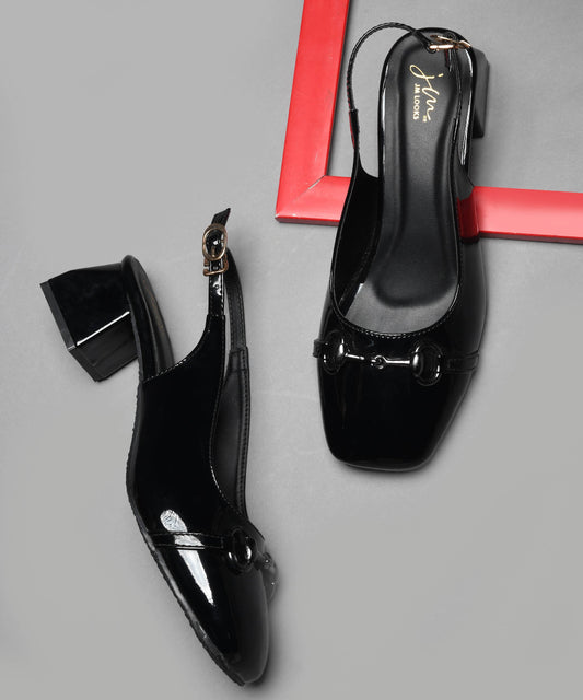 Black square toe block heels with ankle strap