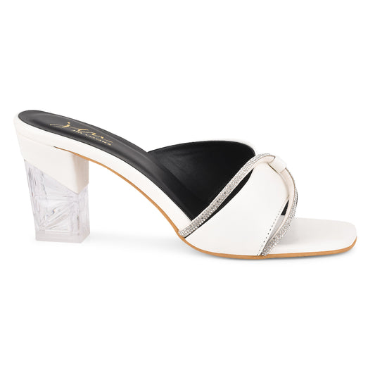 Transparent block heel sandals for women in black with embellished straps and square open toe White