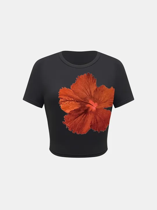 Floral crop t-shirt for women featuring orange hibiscus print, round neck, short sleeves, black cotton fabric