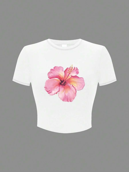 Floral crop top round neck short sleeve fitted white tee shirt with pink hibiscus flower print