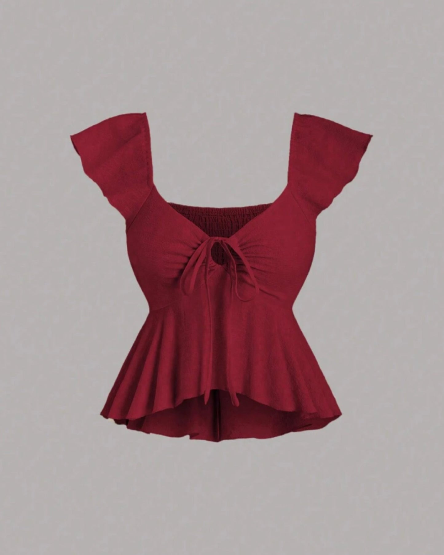Ruffle trim blouse with sweetheart neckline in red cherry, featuring smocked bodice, flutter sleeves, flared peplum hem
