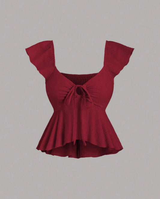 Ruffle trim blouse with sweetheart neckline in red cherry, featuring smocked bodice, flutter sleeves, flared peplum hem