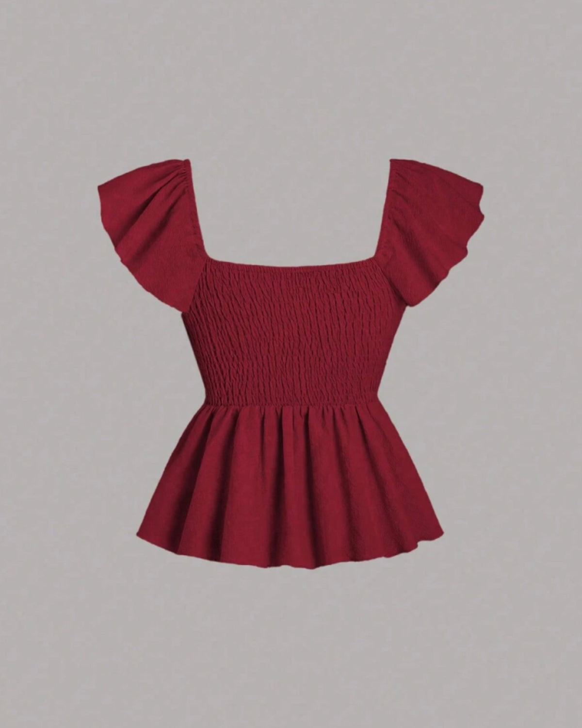 Ruffle trim blouse with sweetheart neckline in red cherry, featuring smocked bodice, flutter sleeves, flared peplum hem