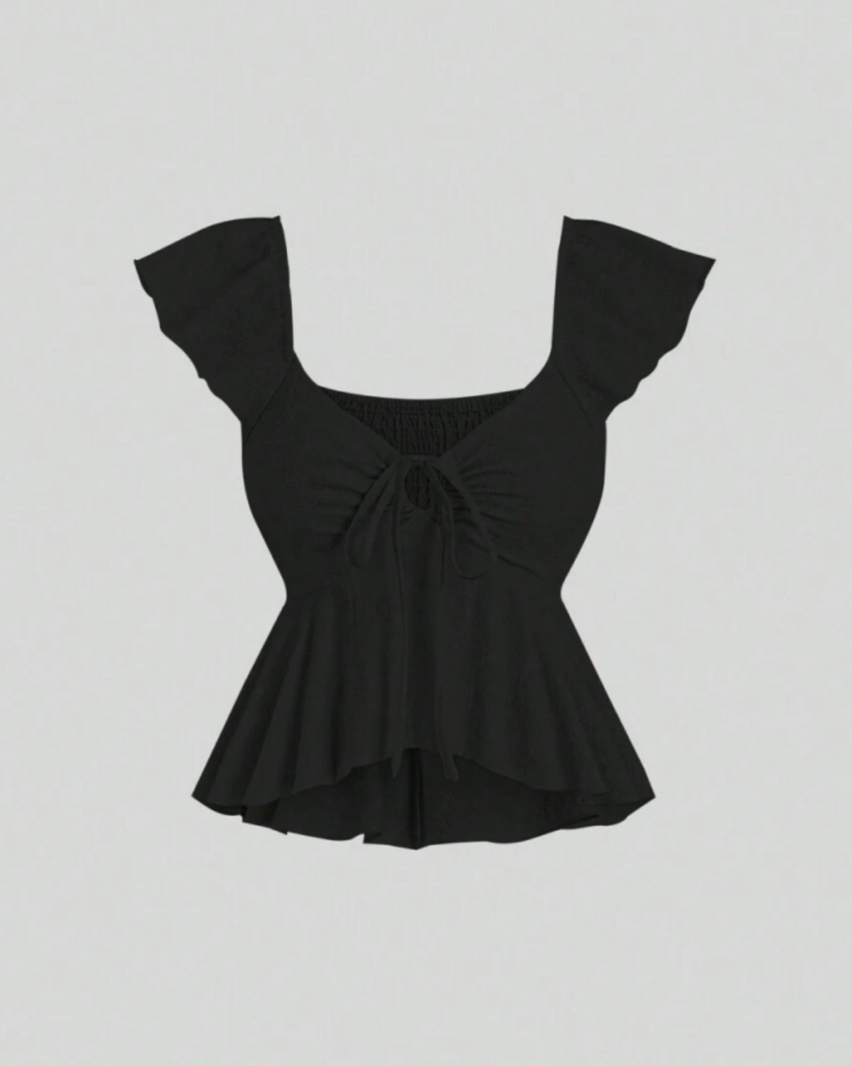 Ruffle trim blouse with sweetheart neckline in black, featuring smocked bodice, flutter sleeves, flared peplum hem