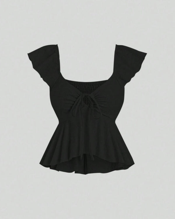 Ruffle trim blouse with sweetheart neckline in black, featuring smocked bodice, flutter sleeves, flared peplum hem