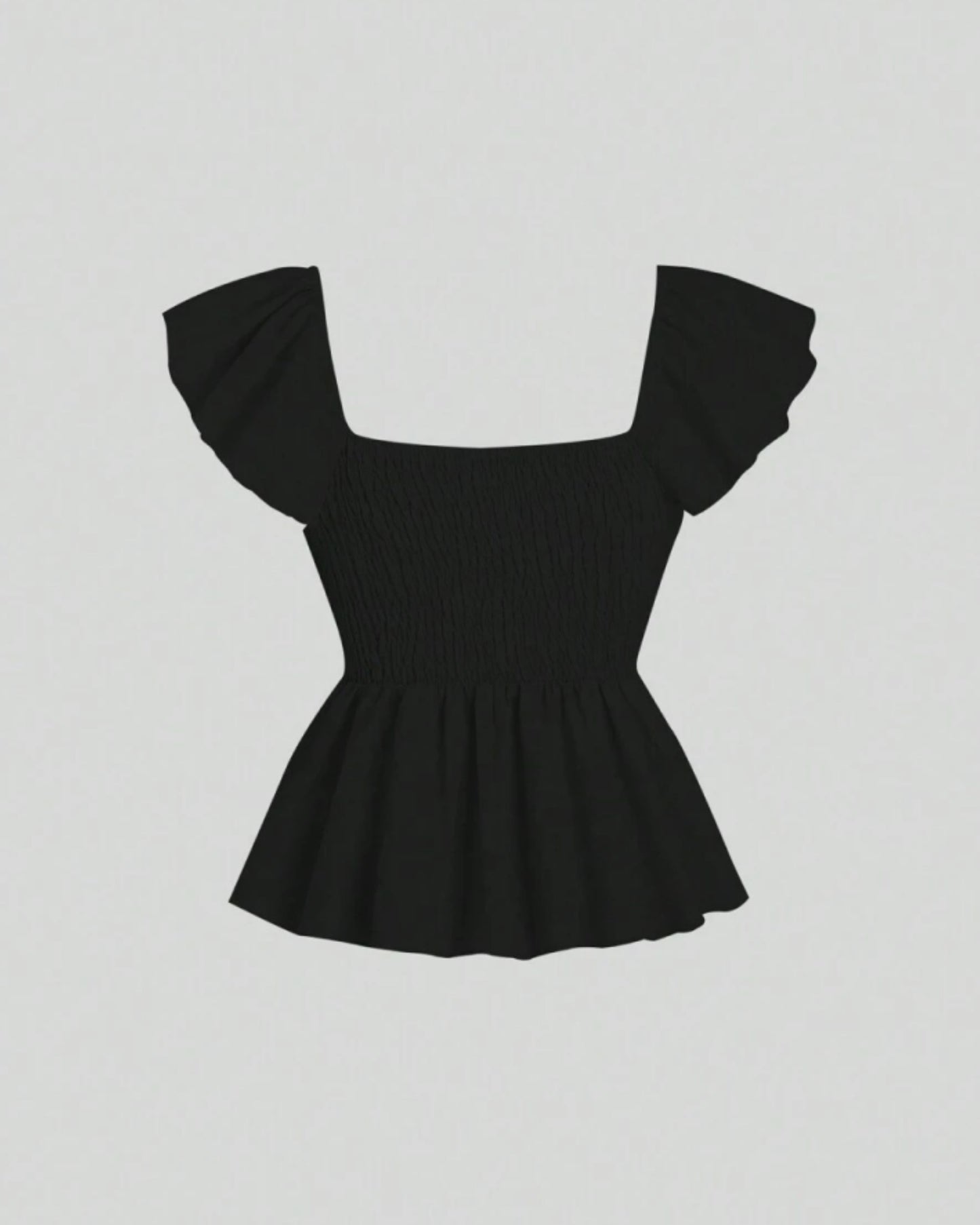 Ruffle trim blouse with sweetheart neckline in black, featuring smocked bodice, flutter sleeves, flared peplum hem