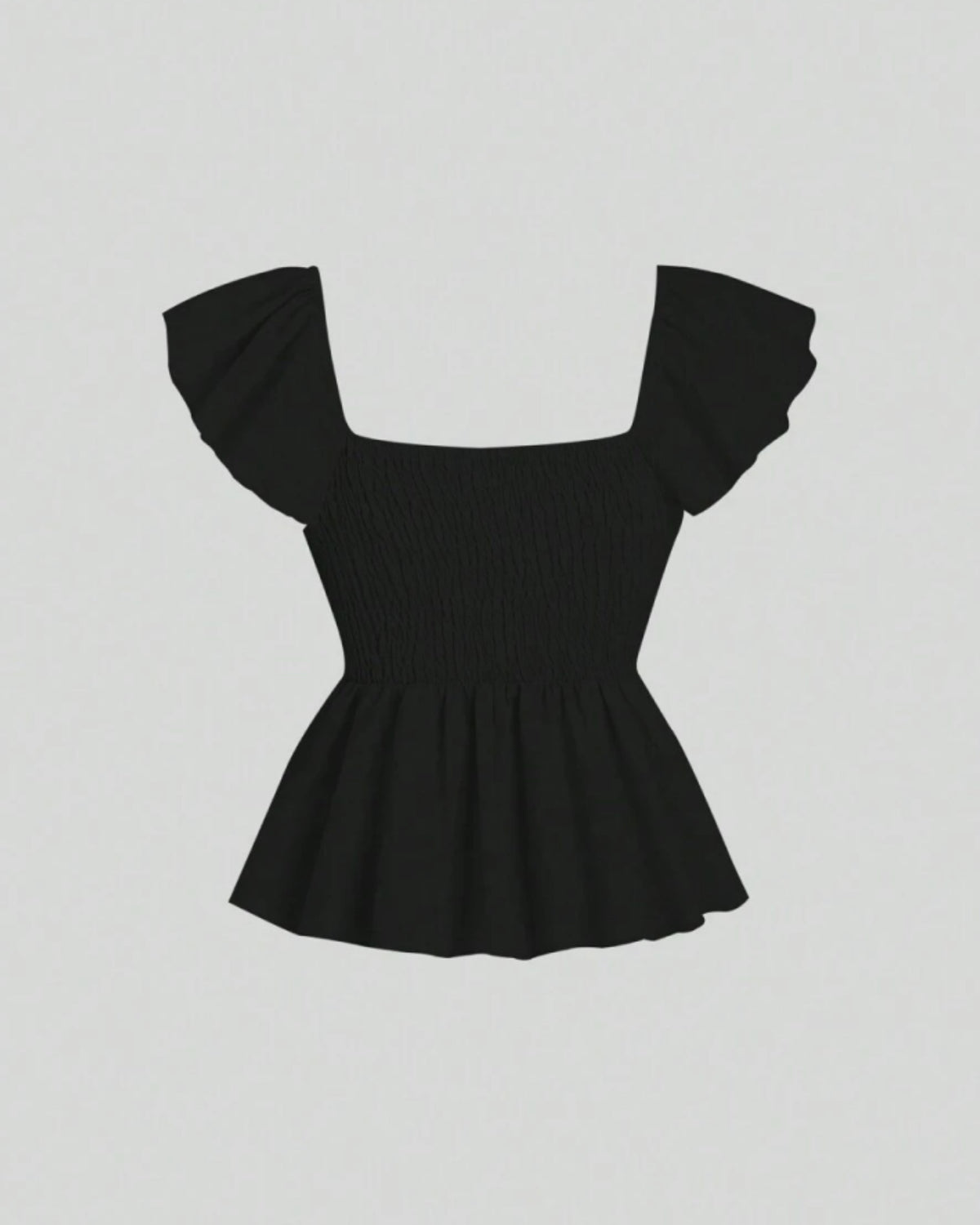 Ruffle trim blouse with sweetheart neckline in black, featuring smocked bodice, flutter sleeves, flared peplum hem