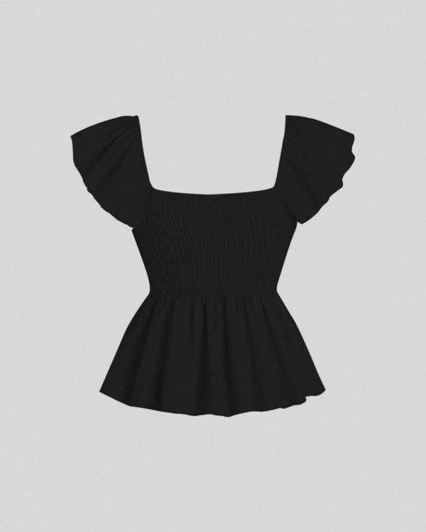 Ruffle trim blouse with sweetheart neckline in black, featuring smocked bodice, flutter sleeves, flared peplum hem