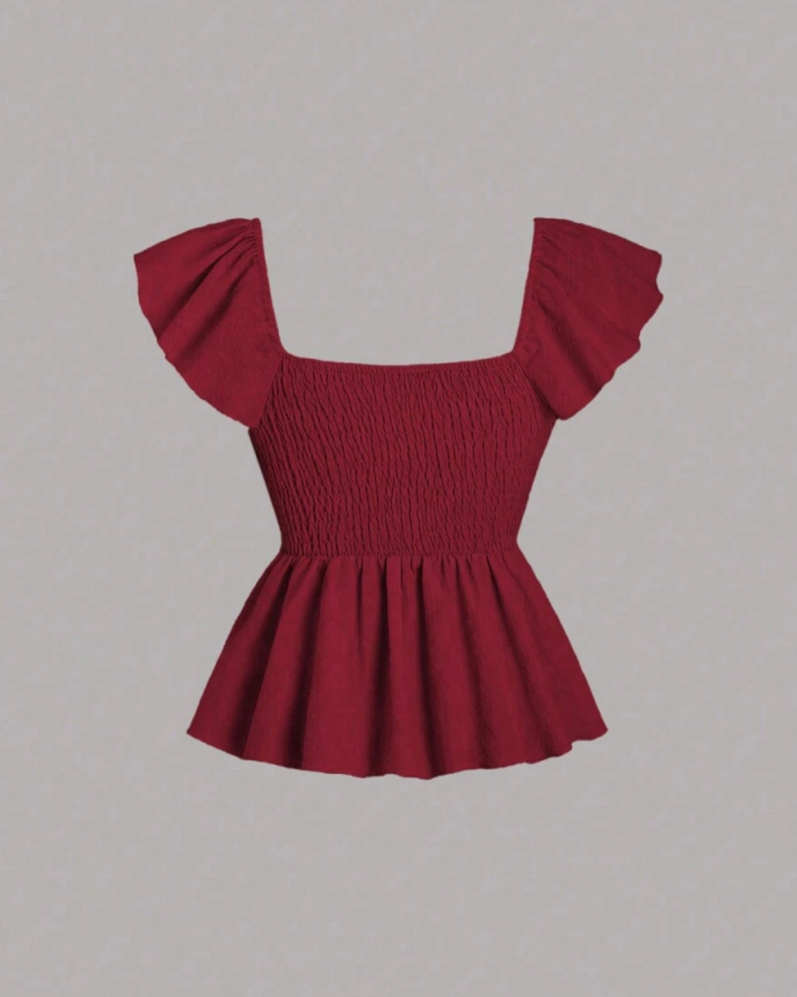 Red Cherry flutter sleeve peplum top with sweetheart neckline, front tie detail and smocked back for women