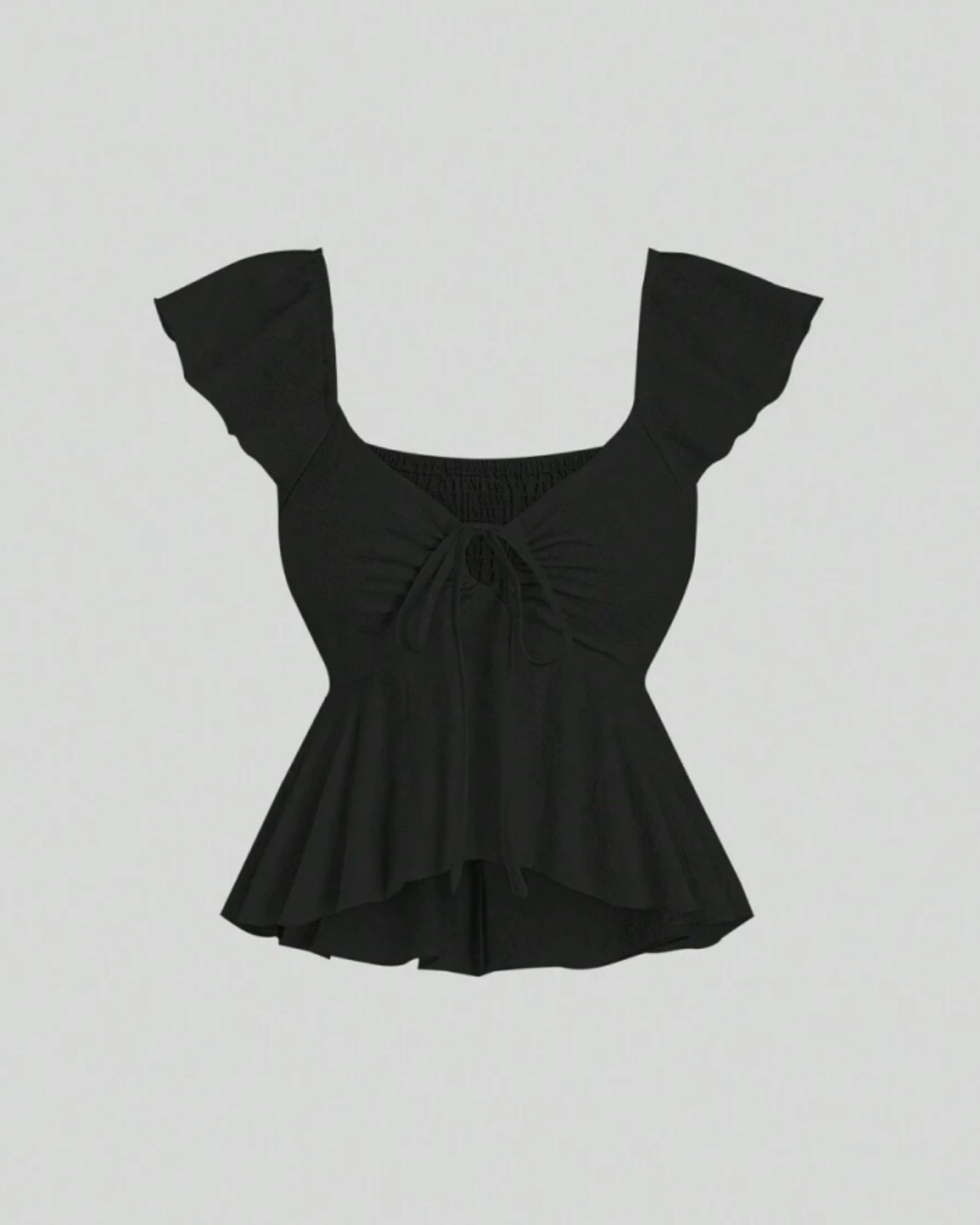 Black flutter sleeve peplum top with sweetheart neckline, front tie detail and smocked back for women