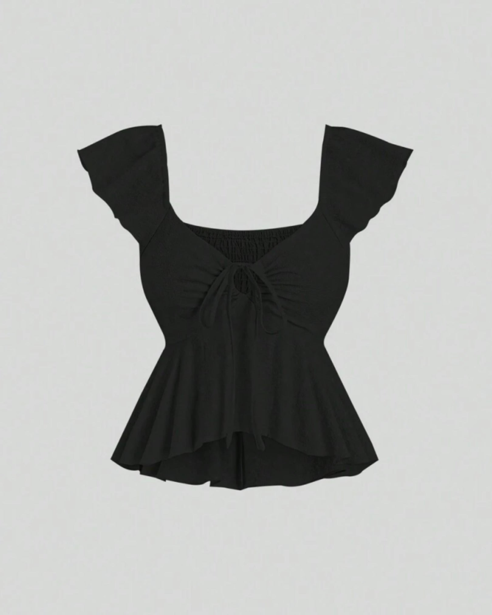 Black flutter sleeve peplum top with sweetheart neckline, front tie detail and smocked back for women