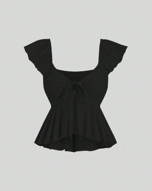Black flutter sleeve peplum top with sweetheart neckline, front tie detail and smocked back for women