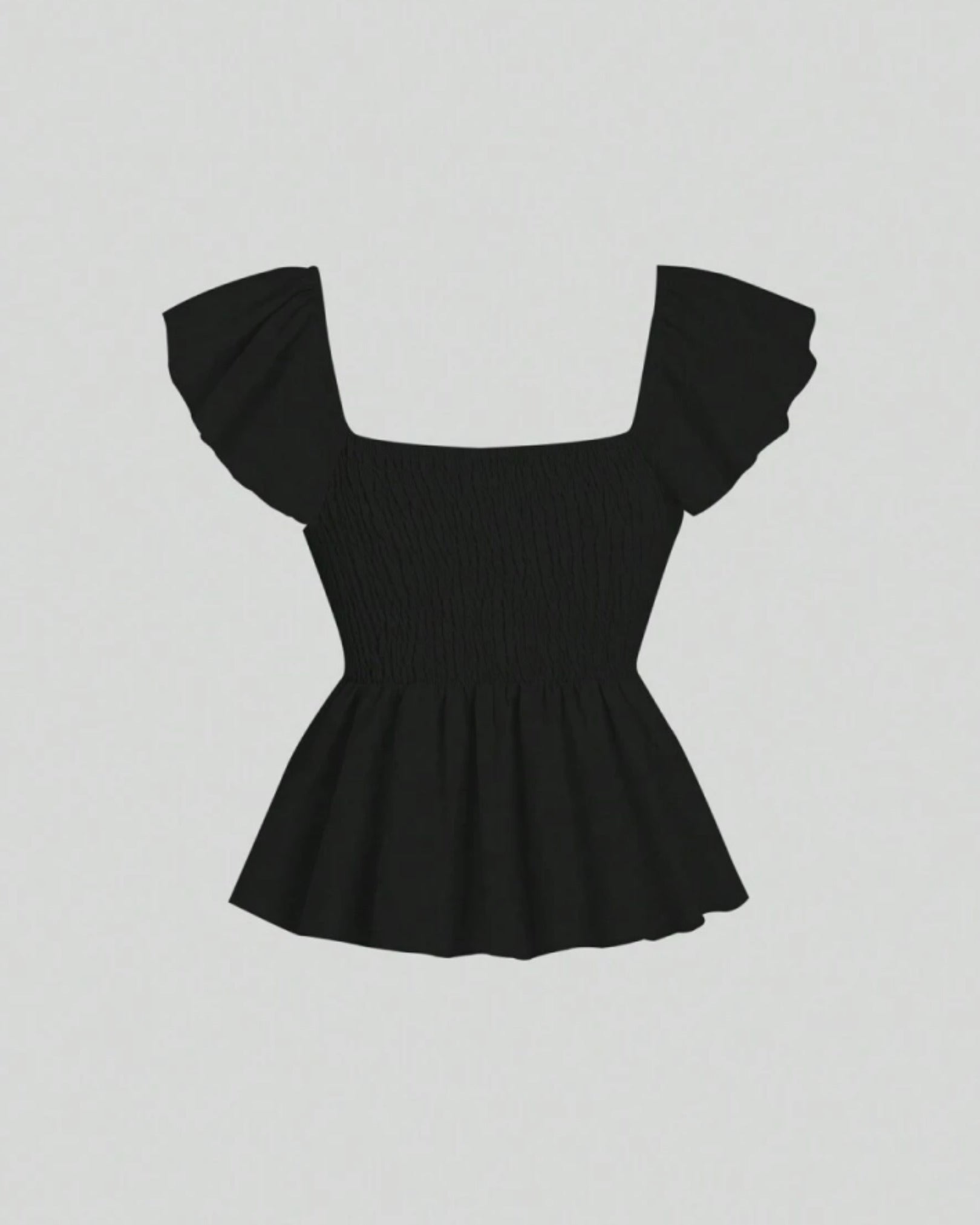 Black flutter sleeve peplum top with sweetheart neckline, front tie detail and smocked back for women