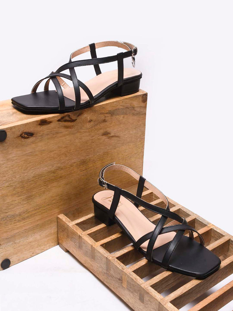 low block heel sandals with multiple straps and an adjustable ankle strap
 Black