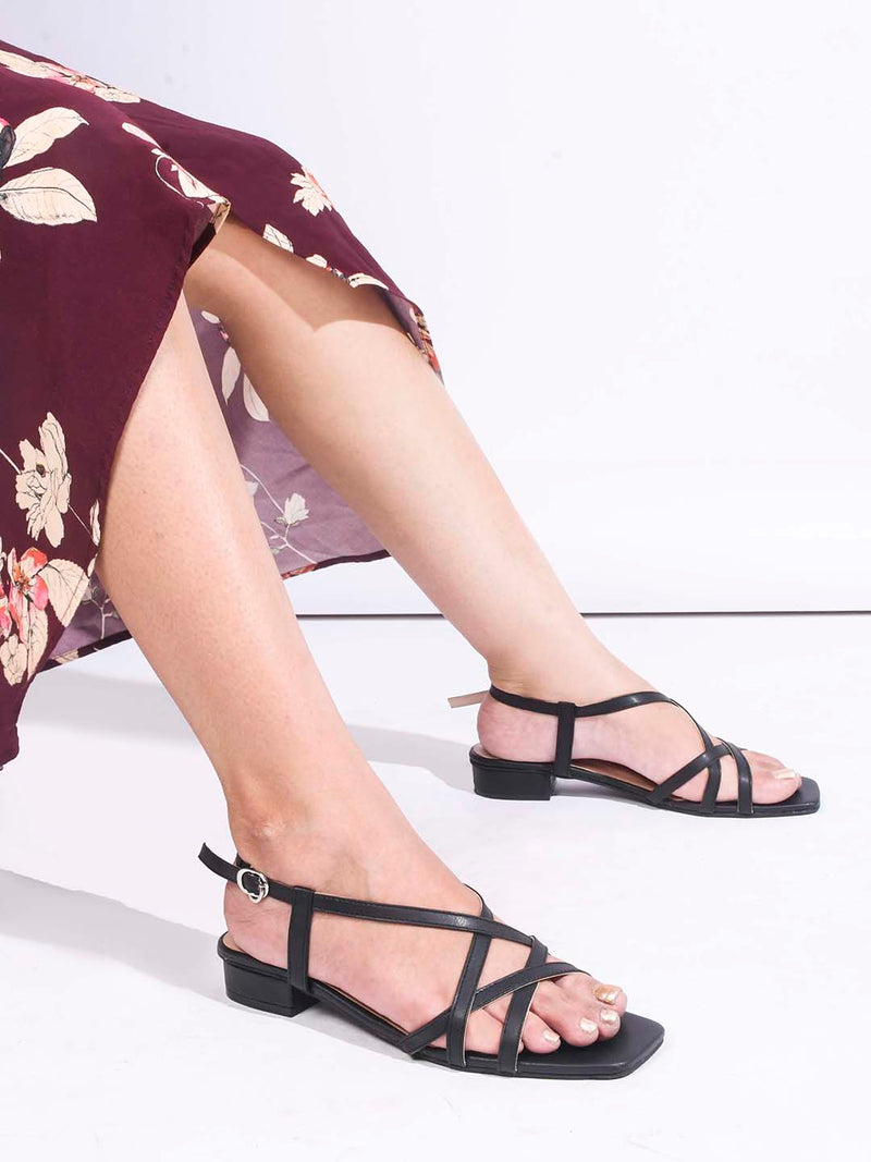 low block heel sandals with multiple straps and an adjustable ankle strap
 Black