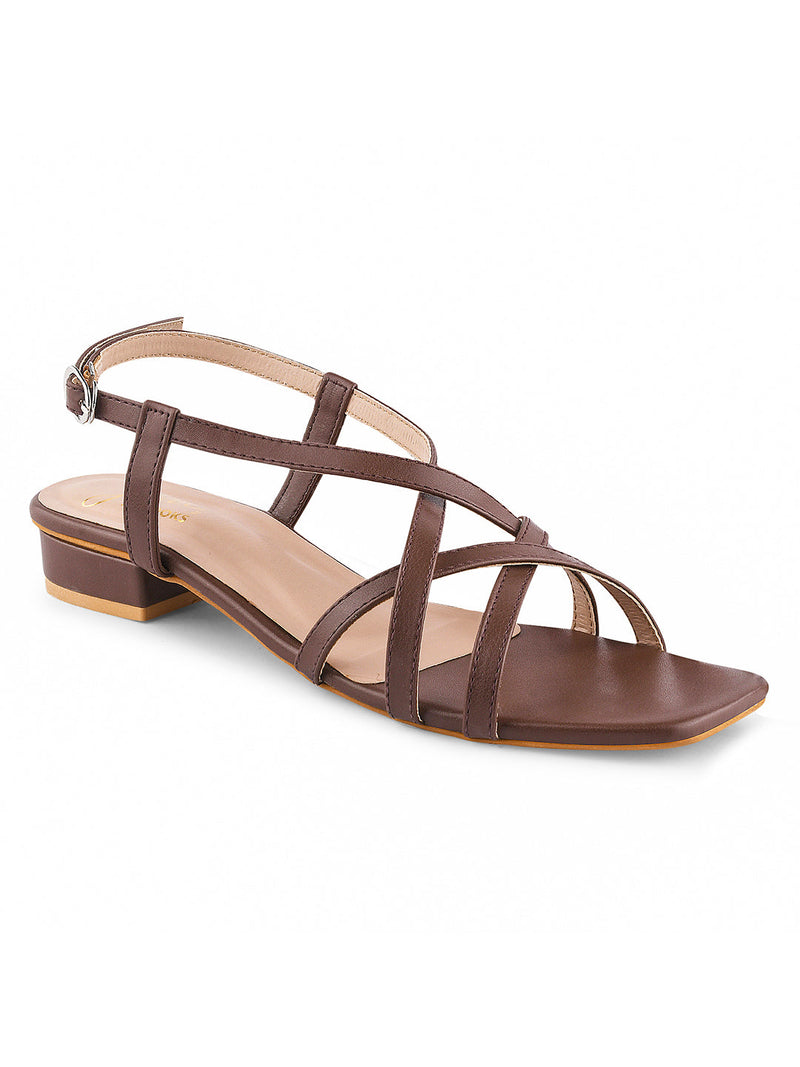 low block heel sandals with multiple straps and an adjustable ankle strap
 Brown