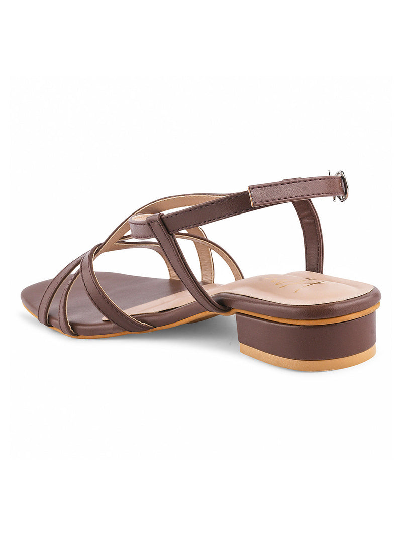 low block heel sandals with multiple straps and an adjustable ankle strap
 Brown