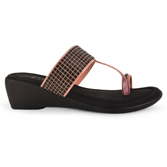 Women's peach & black wedge sandals with embellished toe-ring strap