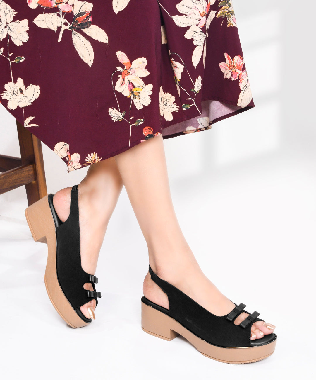 Black Women’s Peep Toe Slingback Platform Block Heel Sandals with Bow and Ankle Strap