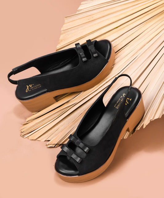 Black Women’s Peep Toe Slingback Platform Block Heel Sandals with Bow and Ankle Strap