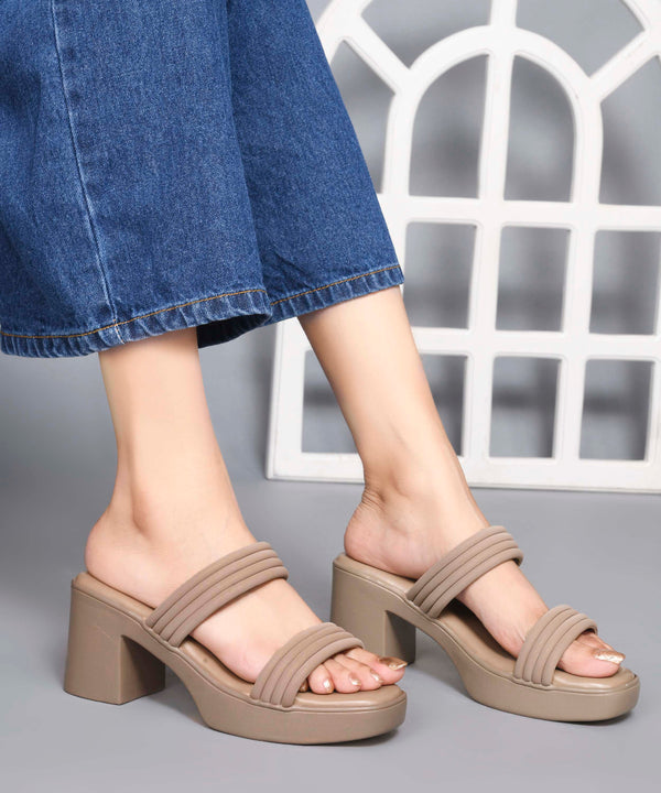 Beige Women Wide Double Strap Square Open Toe Platform Block Heel Mules