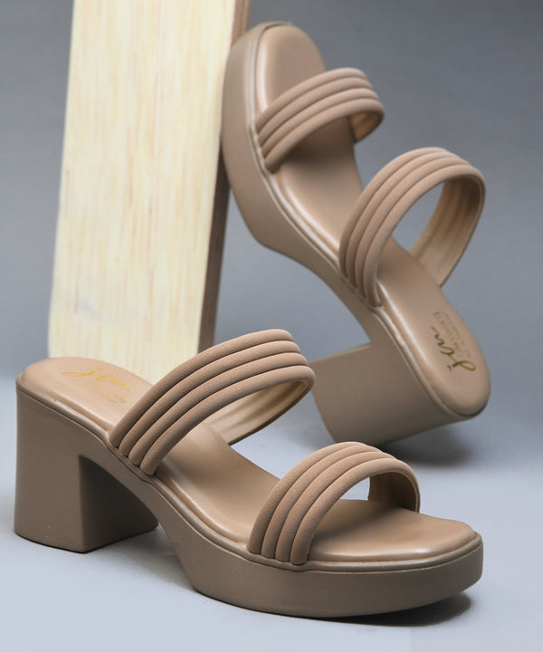 Beige Women Wide Double Strap Square Open Toe Platform Block Heel Mules