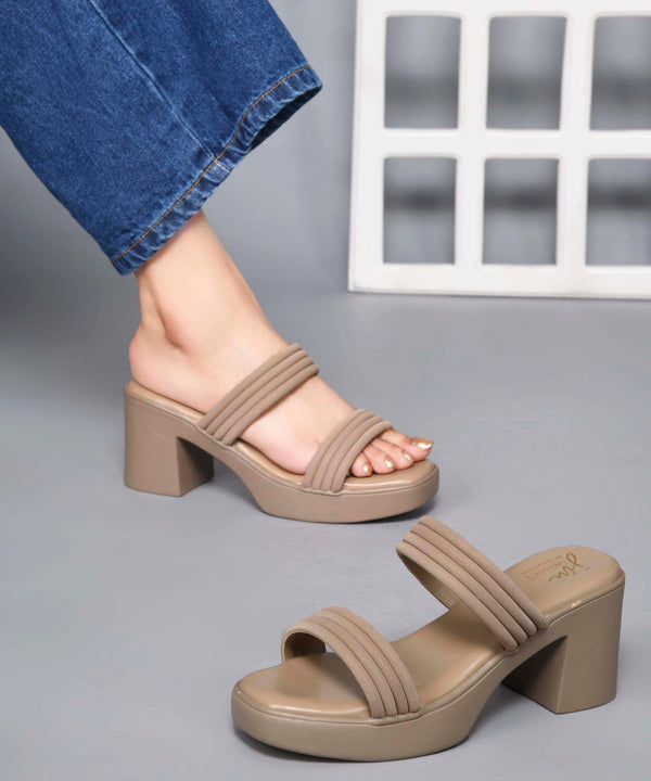 Beige Women Wide Double Strap Square Open Toe Platform Block Heel Mules