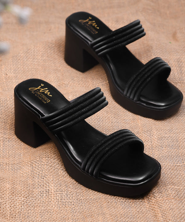 Black Women Wide Double Strap Square Open Toe Platform Block Heel Mules