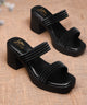 Platform Block Heels for Women with Shimmer Dual Strap Open Toe in Black / 36