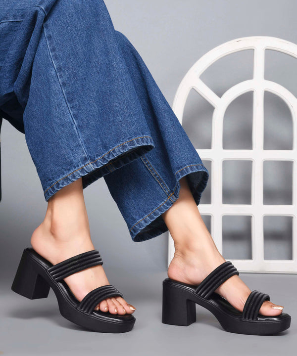 Black Women Wide Double Strap Square Open Toe Platform Block Heel Mules