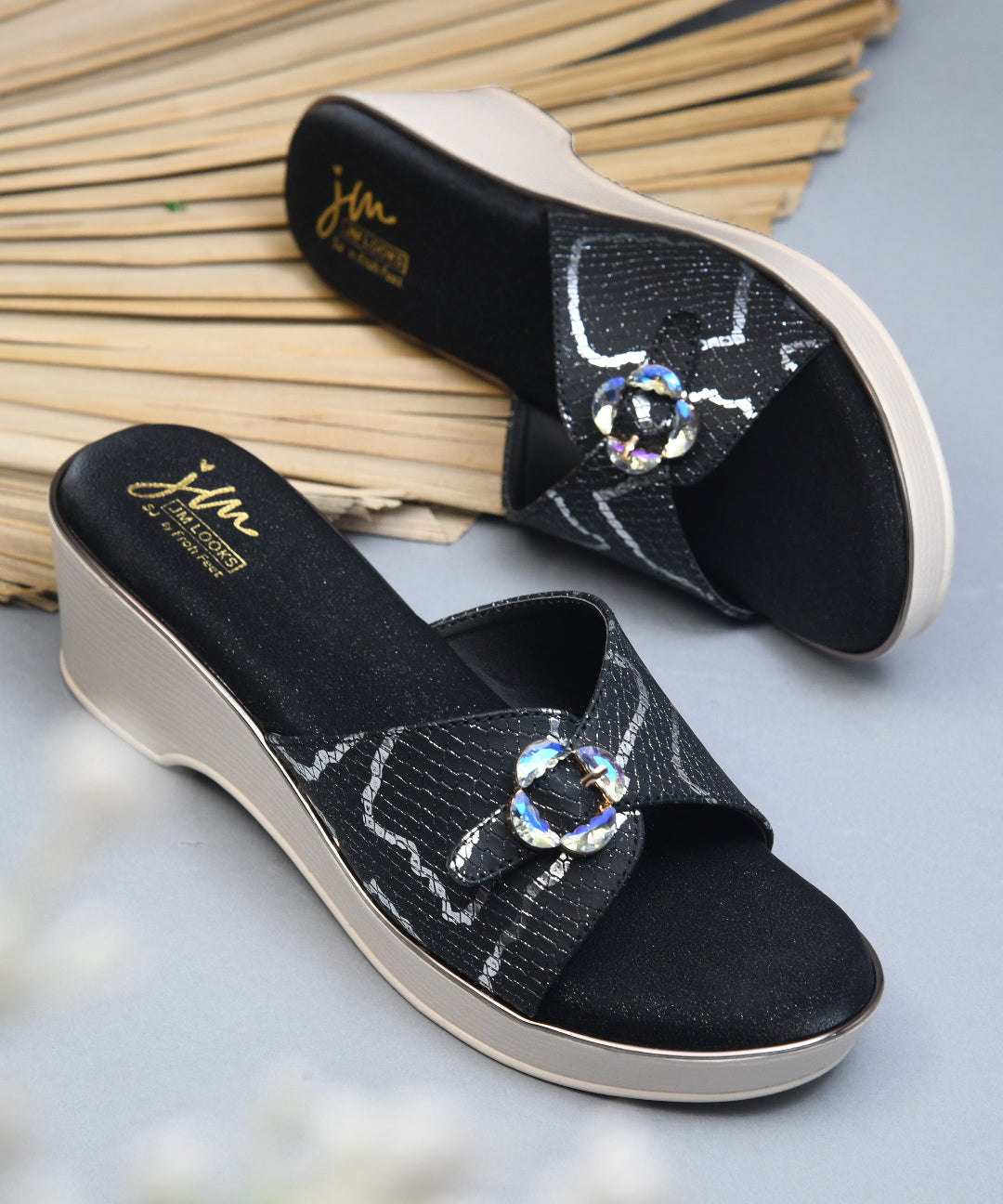Black Textured Printed Slip-On Platform Slides with Floral Buckle 