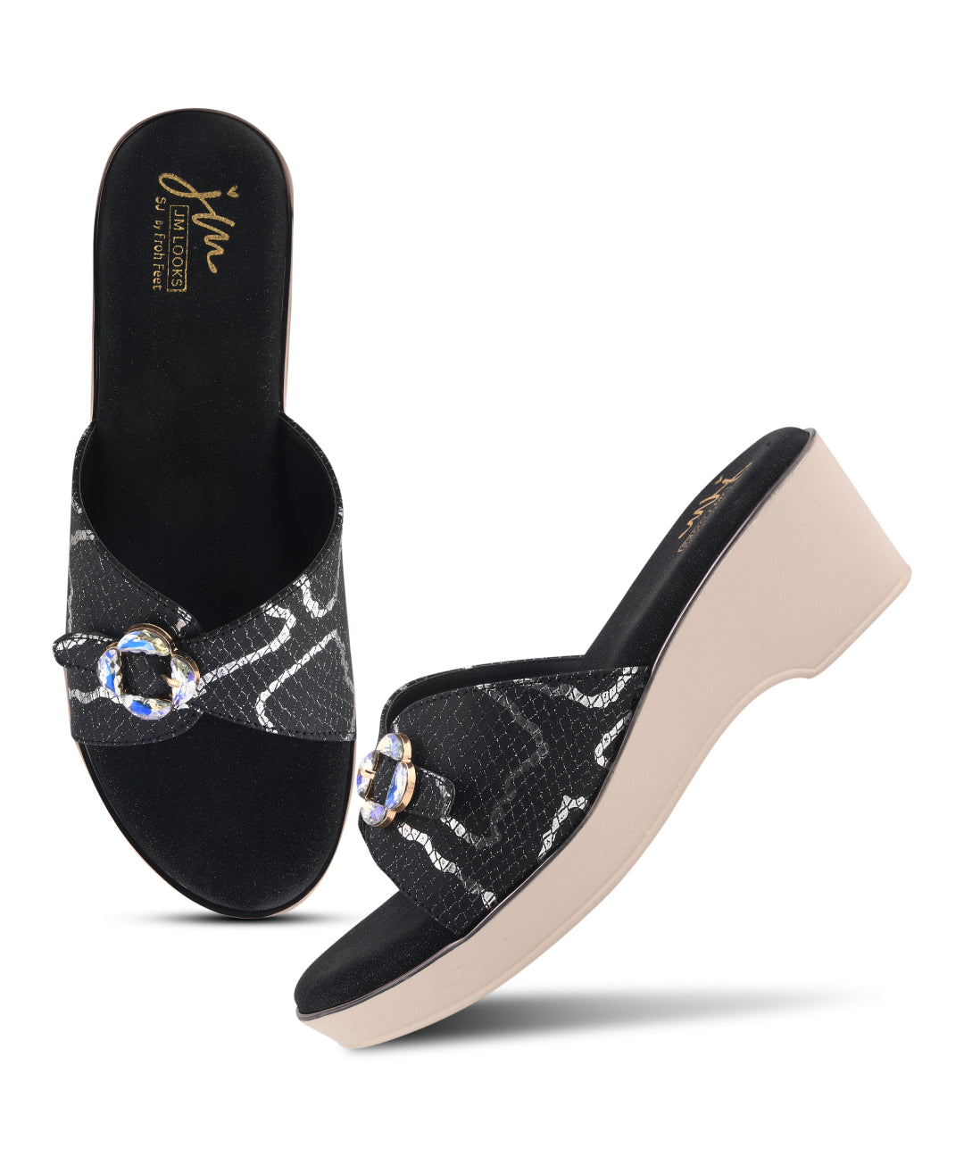 Black Textured Printed Slip-On Platform Slides with Floral Buckle 