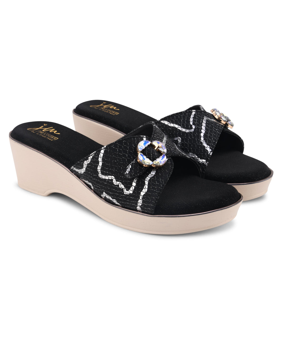 Black Textured Printed Slip-On Platform Slides with Floral Buckle 