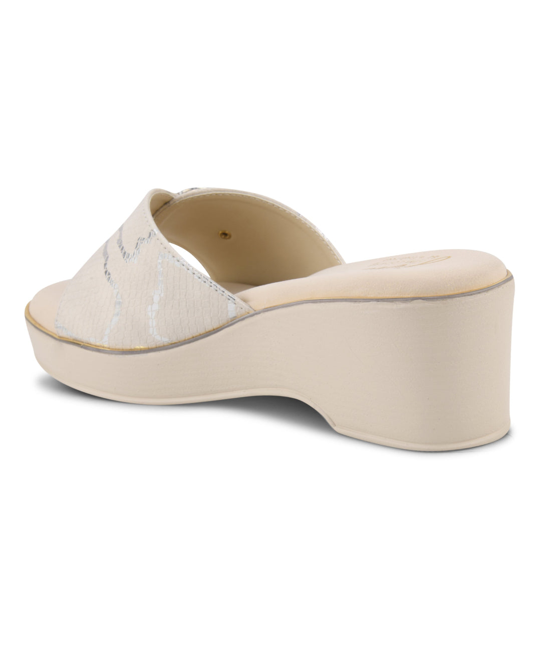 Cream Textured Printed Slip-On Platform Slides with Floral Buckle 
