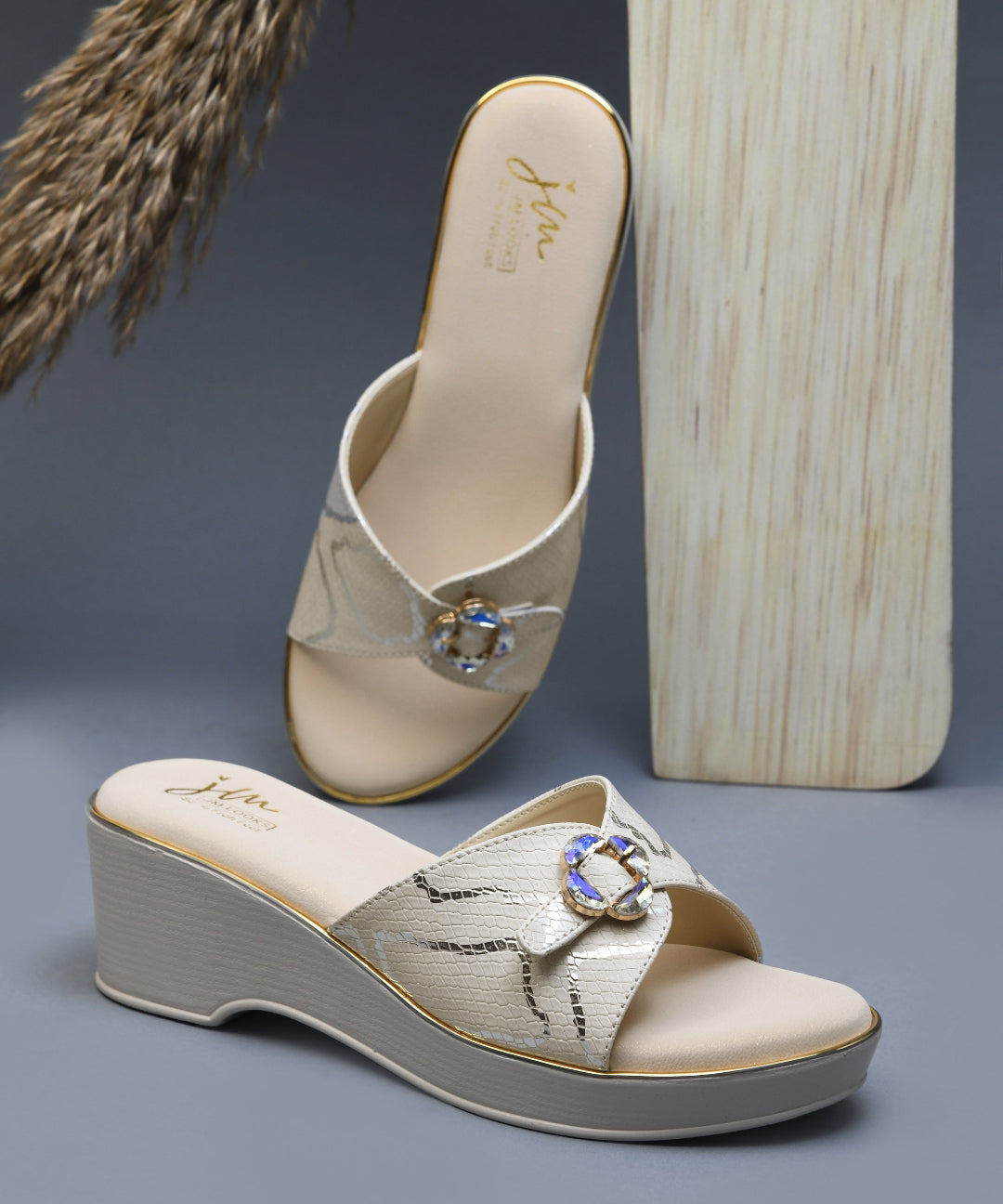 Cream Textured Printed Slip-On Platform Slides with Floral Buckle 