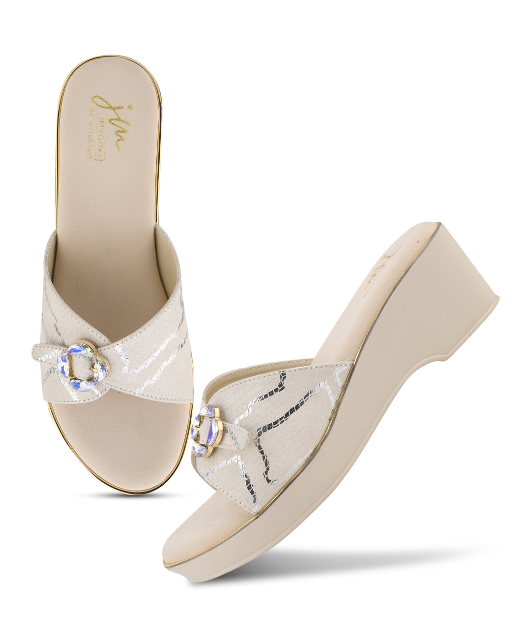 Cream Textured Printed Slip-On Platform Slides with Floral Buckle 
