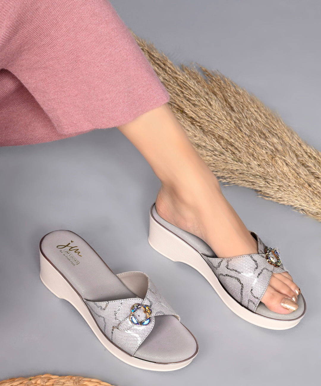 Grey Textured Printed Slip-On Platform Slides with Floral Buckle 