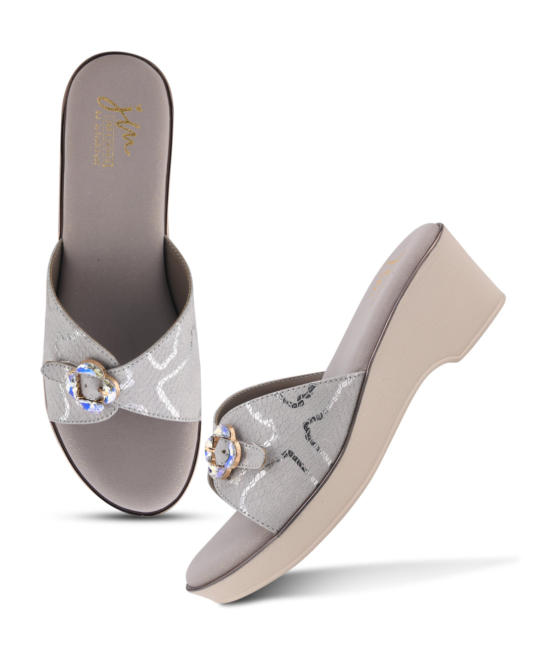 Grey Textured Printed Slip-On Platform Slides with Floral Buckle 