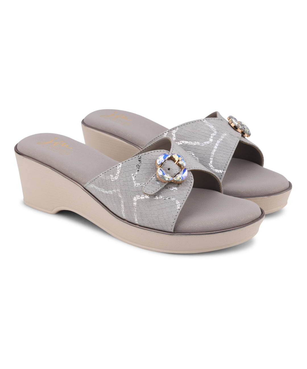 Grey Textured Printed Slip-On Platform Slides with Floral Buckle 