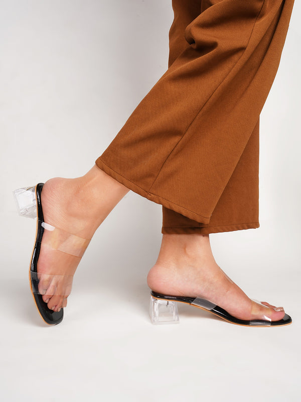 Women's Slip-On Dual-Strap Open square Toe transparent block heels Black