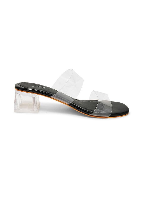 Women's Slip-On Dual-Strap Open square Toe transparent block heels Black