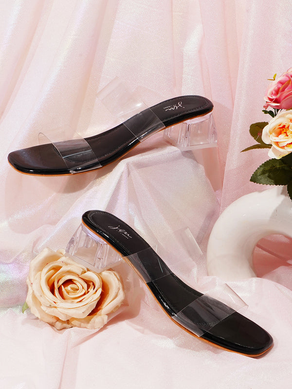 Women's Slip-On Dual-Strap Open square Toe transparent block heels Black