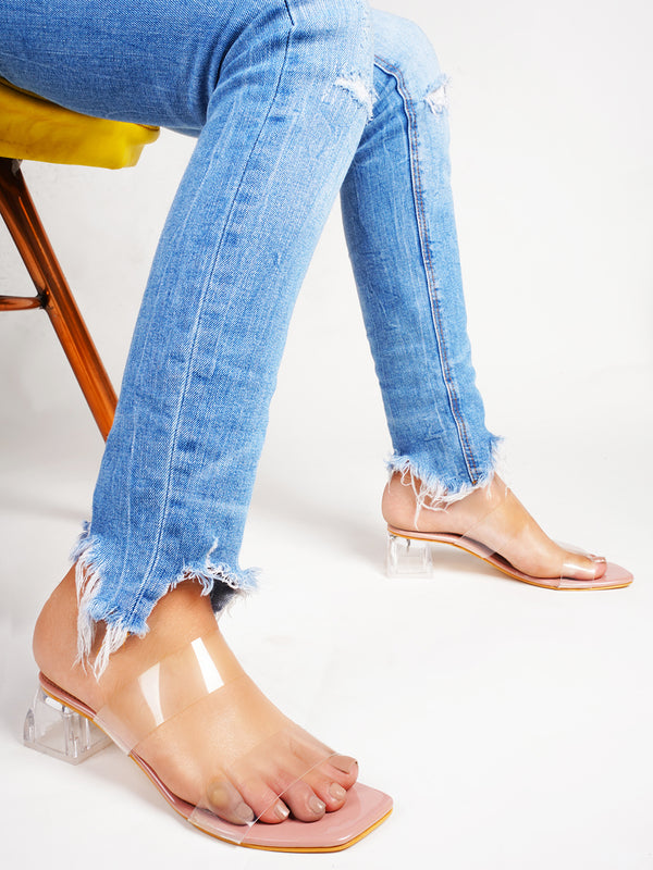 Women's Slip-On Dual-Strap Open square Toe transparent block heels Peach