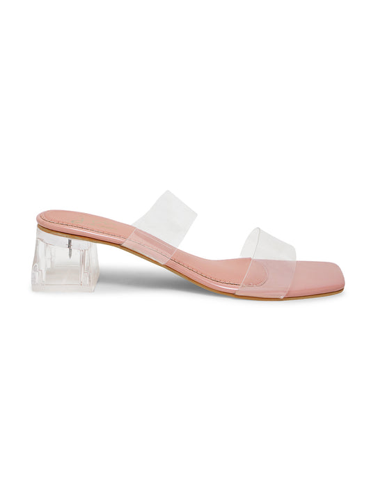 Women's Slip-On Dual-Strap Open square Toe transparent block heels Peach