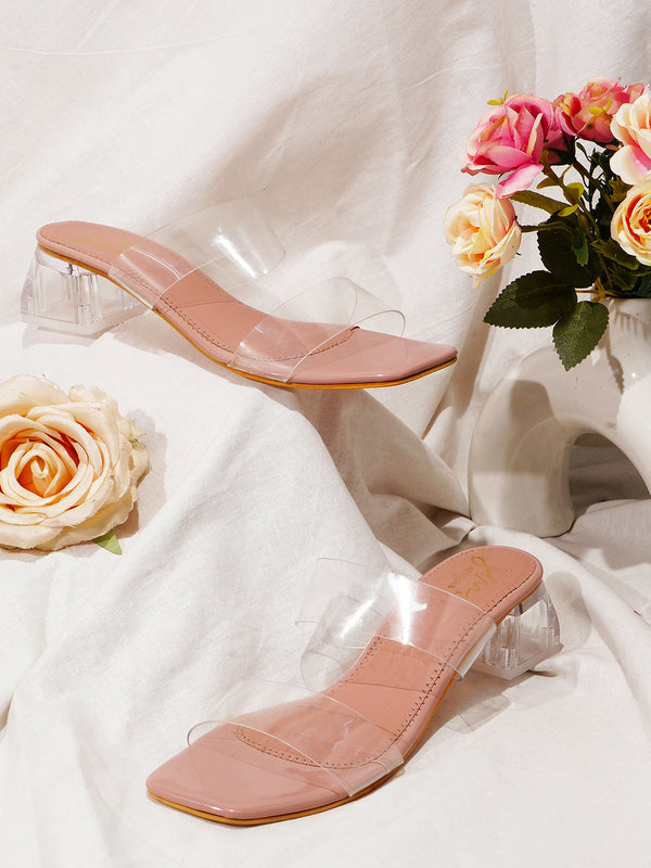 Women's Slip-On Dual-Strap Open square Toe transparent block heels Peach